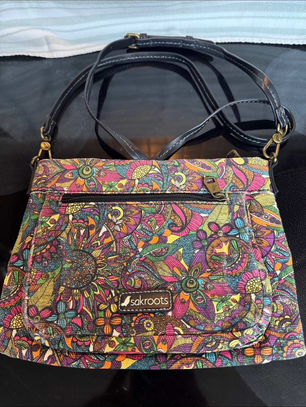 Sakroots Multicolor Floral Pattern Crossbody Bag with Black Strap